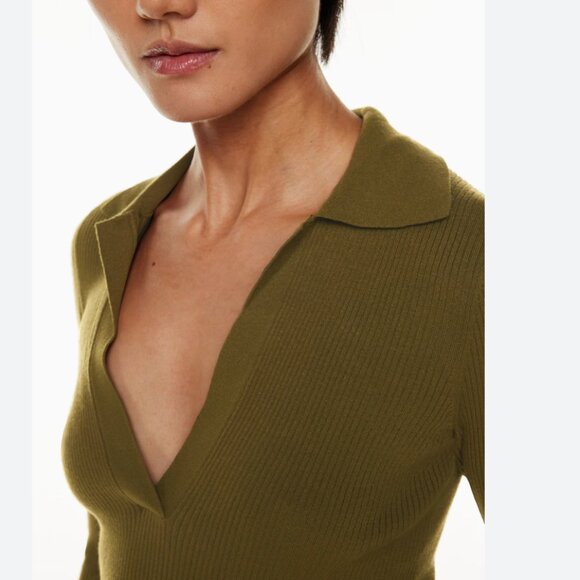 Aritzia Babaton Leyster Ribbed Polo Knit Sweater Top Dark Green Size Small - Picture 3 of 7